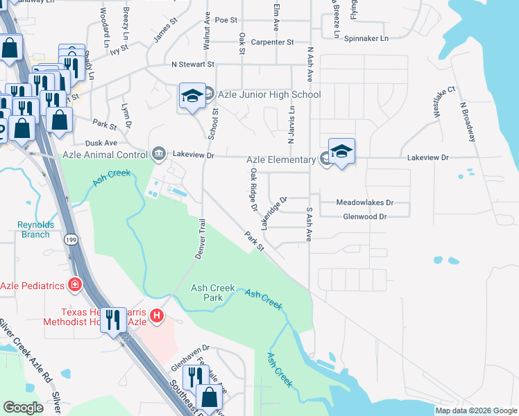 map of restaurants, bars, coffee shops, grocery stores, and more near 1029 Oak Ridge Drive in Azle