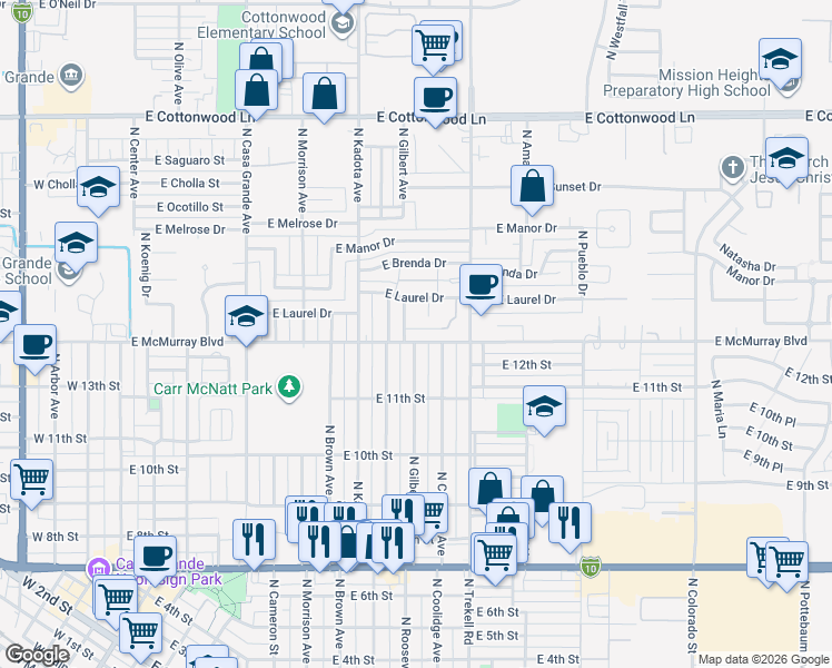map of restaurants, bars, coffee shops, grocery stores, and more near 738 East Pepper Drive in Casa Grande