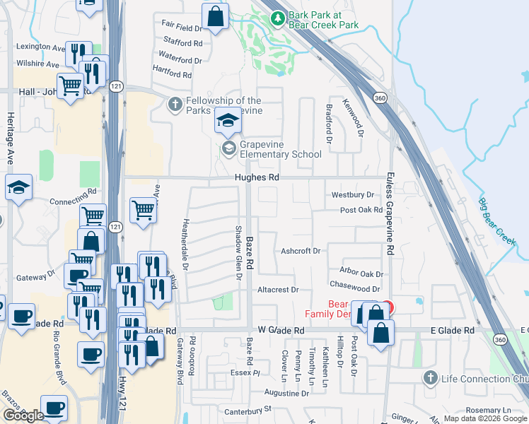 map of restaurants, bars, coffee shops, grocery stores, and more near 5147 Haydenbend Circle in Grapevine