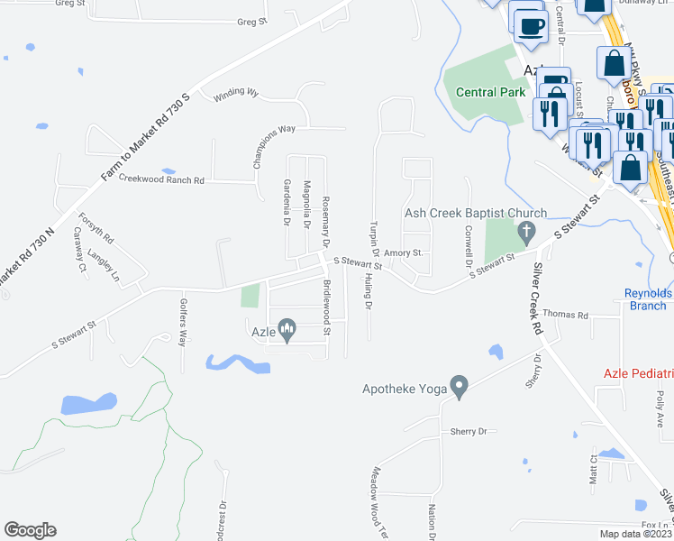 map of restaurants, bars, coffee shops, grocery stores, and more near 104 Stewart Bend Court in Azle