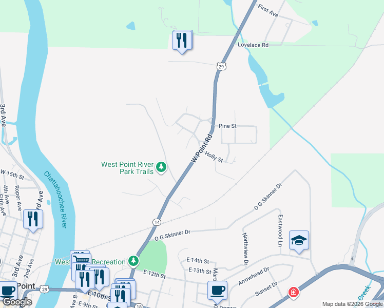 map of restaurants, bars, coffee shops, grocery stores, and more near 1702 Malco Drive in West Point