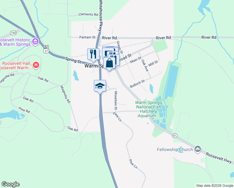map of restaurants, bars, coffee shops, grocery stores, and more near 55 Mountain Street in Warm Springs