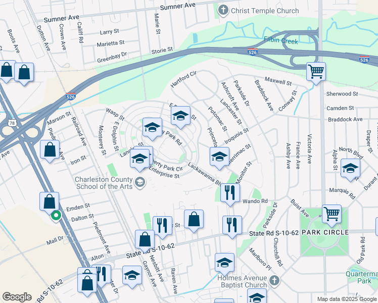 map of restaurants, bars, coffee shops, grocery stores, and more near 5174 East Liberty Park Circle in North Charleston