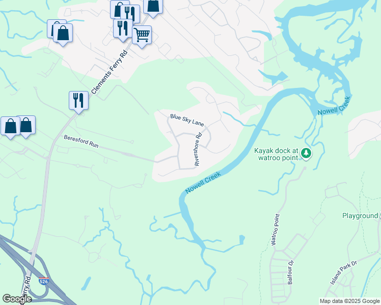 map of restaurants, bars, coffee shops, grocery stores, and more near 1072 Rivershore Road in Charleston