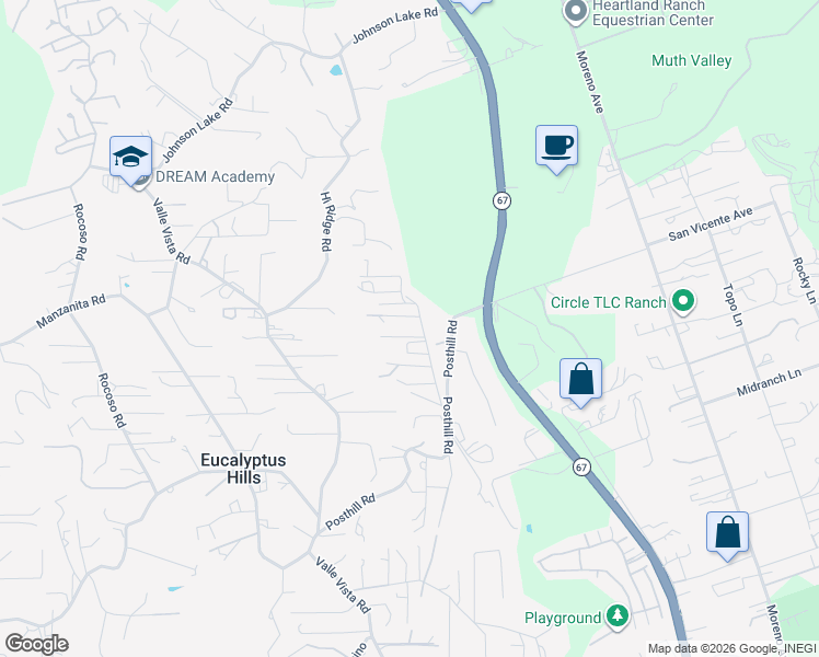 map of restaurants, bars, coffee shops, grocery stores, and more near 11530 Bridle Path Lane in Lakeside