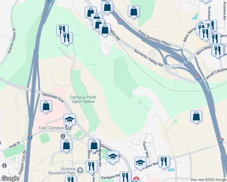 map of restaurants, bars, coffee shops, grocery stores, and more near 9885 Towne Centre Drive in San Diego