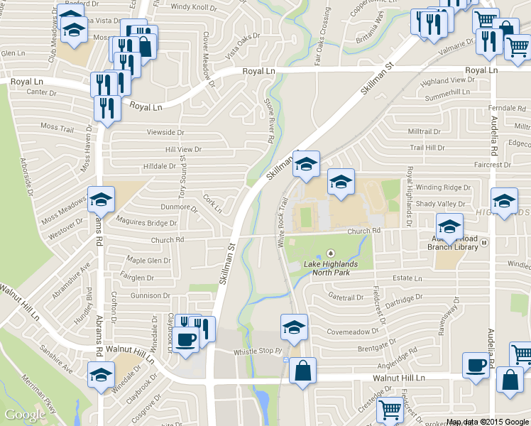 map of restaurants, bars, coffee shops, grocery stores, and more near 9243 Church Road in Dallas