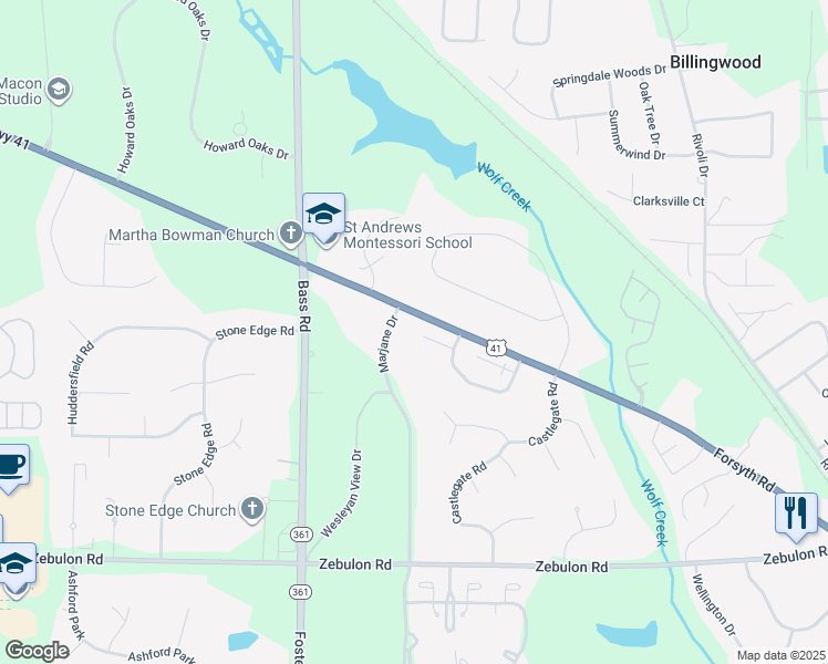 map of restaurants, bars, coffee shops, grocery stores, and more near 113 Manor Terrace in Macon