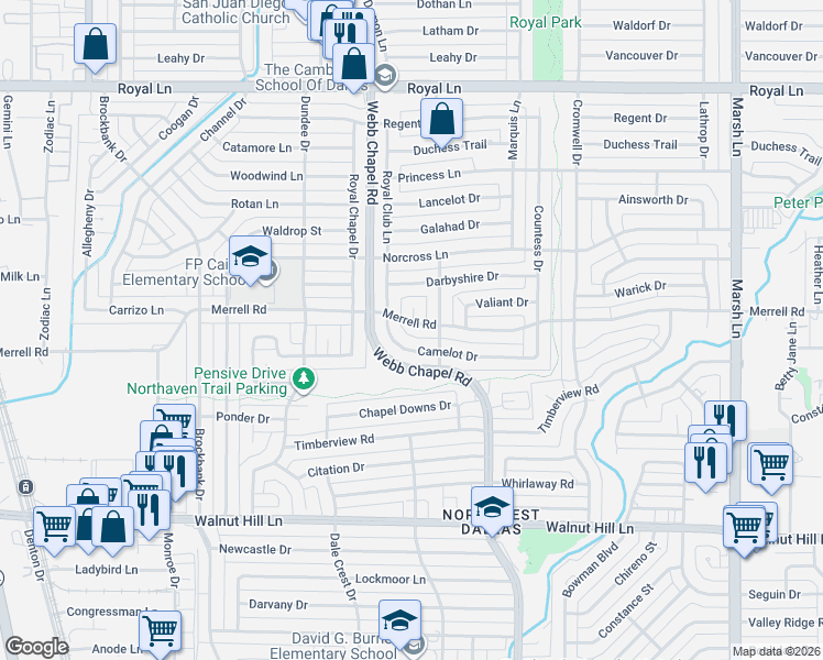 map of restaurants, bars, coffee shops, grocery stores, and more near 3236 Merrell Road in Dallas