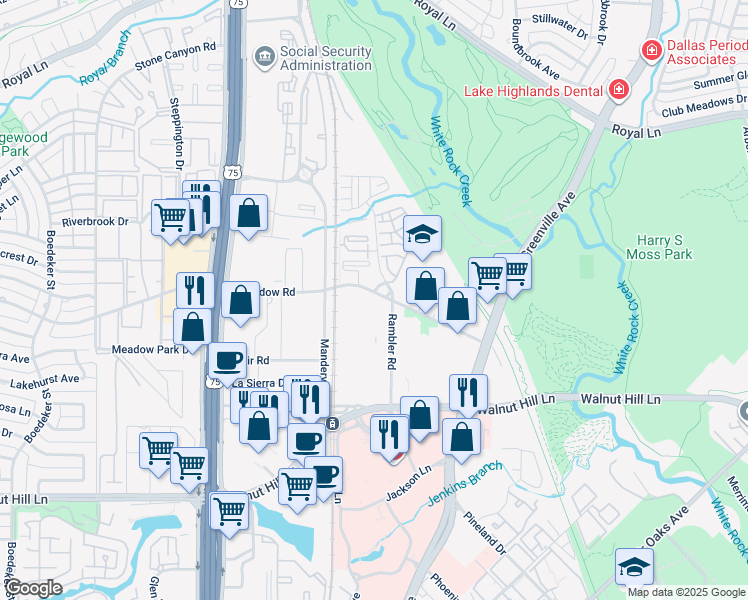 map of restaurants, bars, coffee shops, grocery stores, and more near 8250 Meadow Road in Dallas
