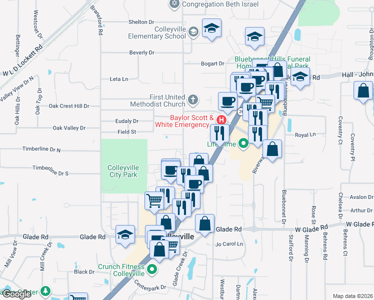 map of restaurants, bars, coffee shops, grocery stores, and more near 5309 Pleasant Run Road in Colleyville