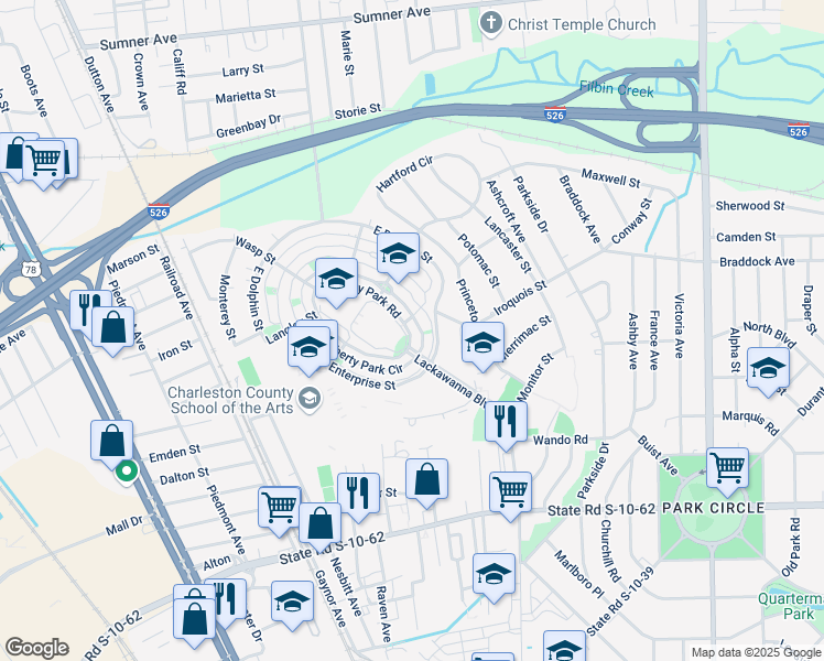 map of restaurants, bars, coffee shops, grocery stores, and more near 5173 East Liberty Park Circle in North Charleston