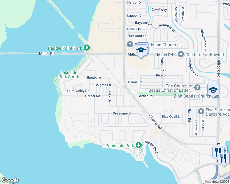 map of restaurants, bars, coffee shops, grocery stores, and more near 2713 College Park Drive in Rowlett
