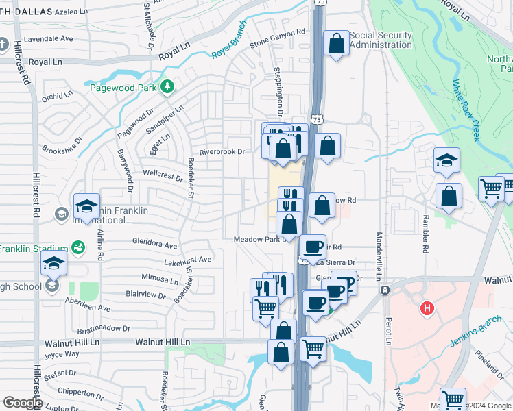 map of restaurants, bars, coffee shops, grocery stores, and more near 10406 High Hollows Drive in Dallas