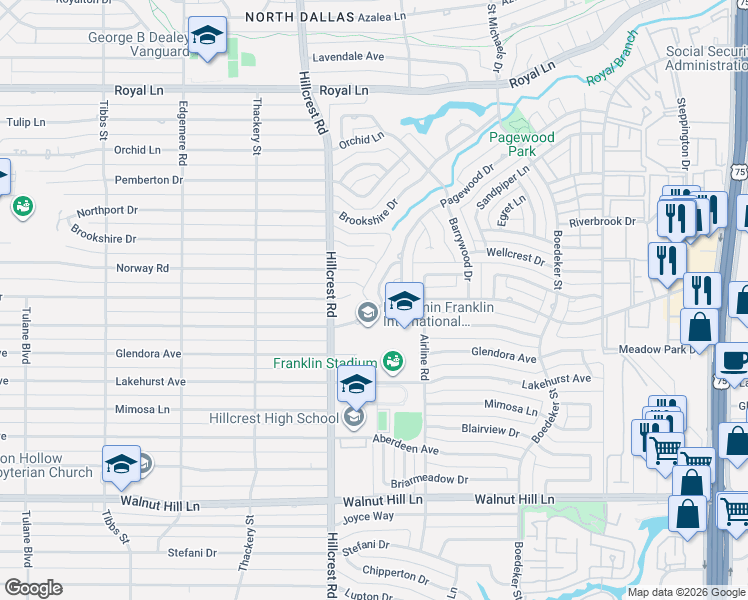 map of restaurants, bars, coffee shops, grocery stores, and more near 10418 Shadow Bend Drive in Dallas