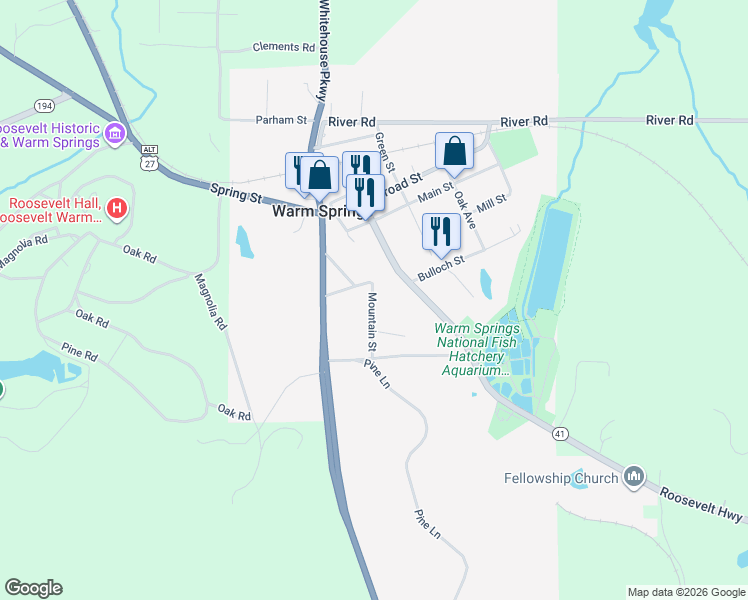 map of restaurants, bars, coffee shops, grocery stores, and more near 55 Mountain Street in Warm Springs