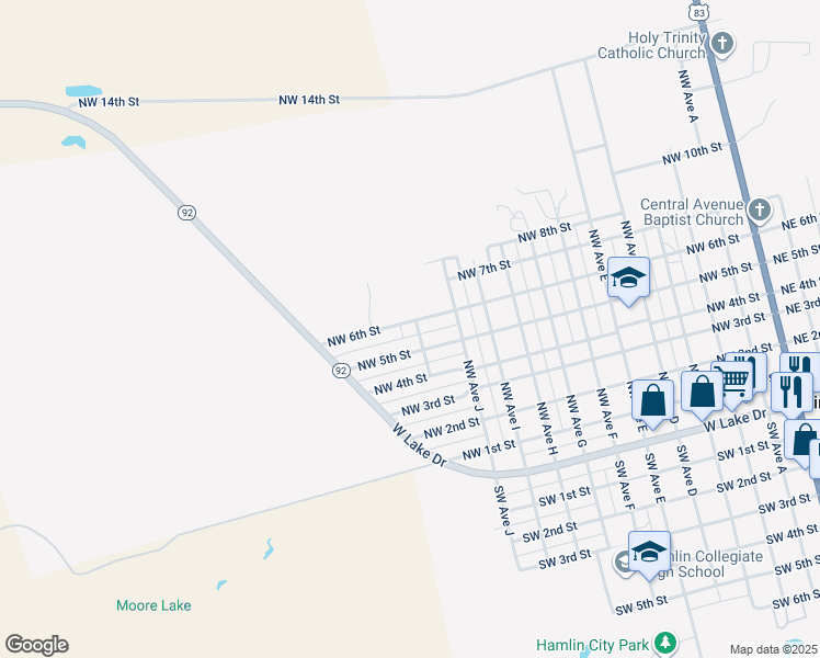 map of restaurants, bars, coffee shops, grocery stores, and more near 520 Northwest Avenue K in Hamlin