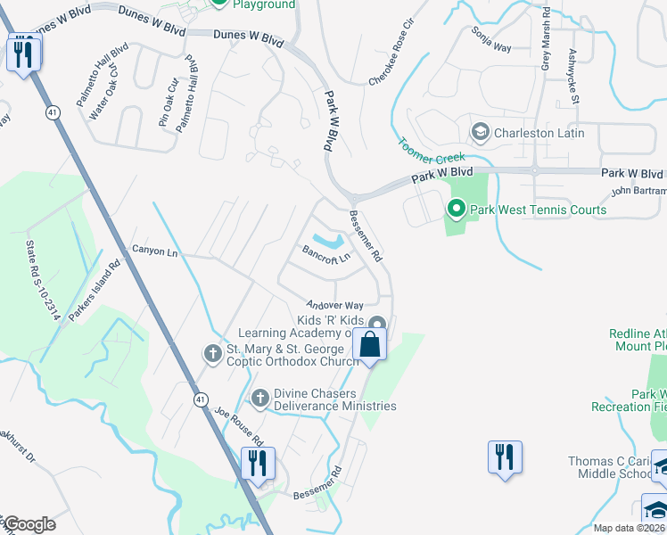 map of restaurants, bars, coffee shops, grocery stores, and more near 2076 Bancroft Lane in Mount Pleasant