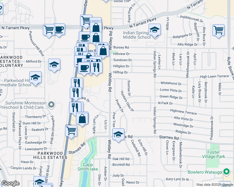 map of restaurants, bars, coffee shops, grocery stores, and more near 7912 Prairie Drive in Watauga