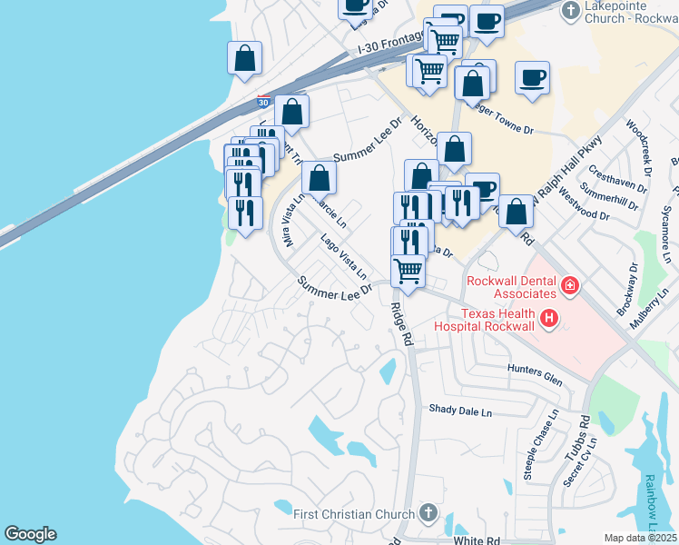 map of restaurants, bars, coffee shops, grocery stores, and more near 2917 Newport in Rockwall