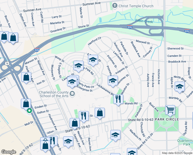 map of restaurants, bars, coffee shops, grocery stores, and more near 5173 East Liberty Park Circle in North Charleston