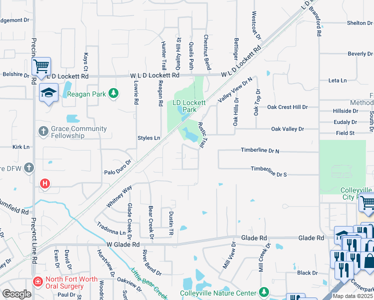 map of restaurants, bars, coffee shops, grocery stores, and more near 5400 Rustic Trail in Colleyville