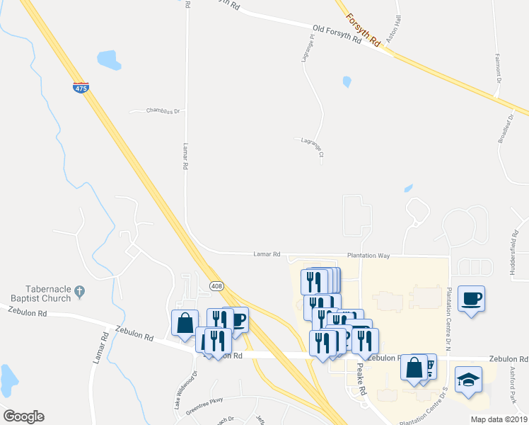 map of restaurants, bars, coffee shops, grocery stores, and more near 749 Lamar Road in Macon