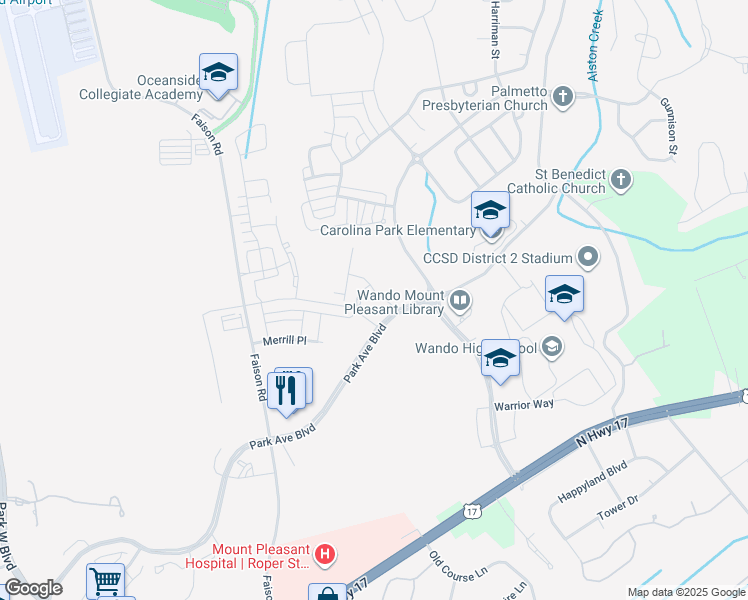 map of restaurants, bars, coffee shops, grocery stores, and more near 3535 Prominent Way in Mount Pleasant