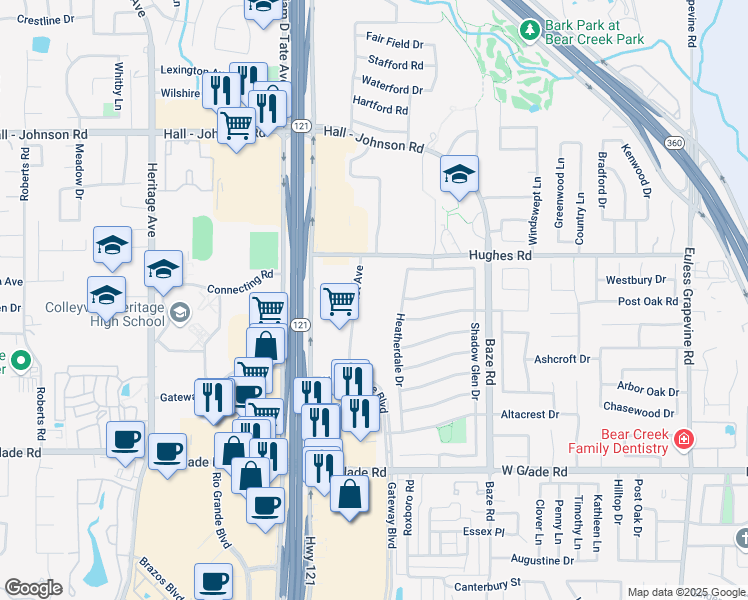 map of restaurants, bars, coffee shops, grocery stores, and more near 4545 Merlot Avenue in Grapevine