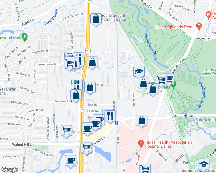 map of restaurants, bars, coffee shops, grocery stores, and more near 8130 Meadow Road in Dallas