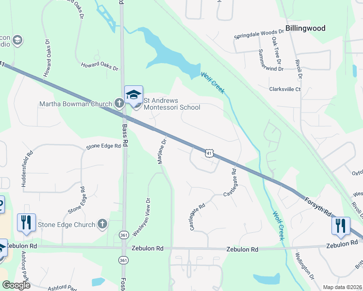 map of restaurants, bars, coffee shops, grocery stores, and more near 106 Manor Terrace in Macon