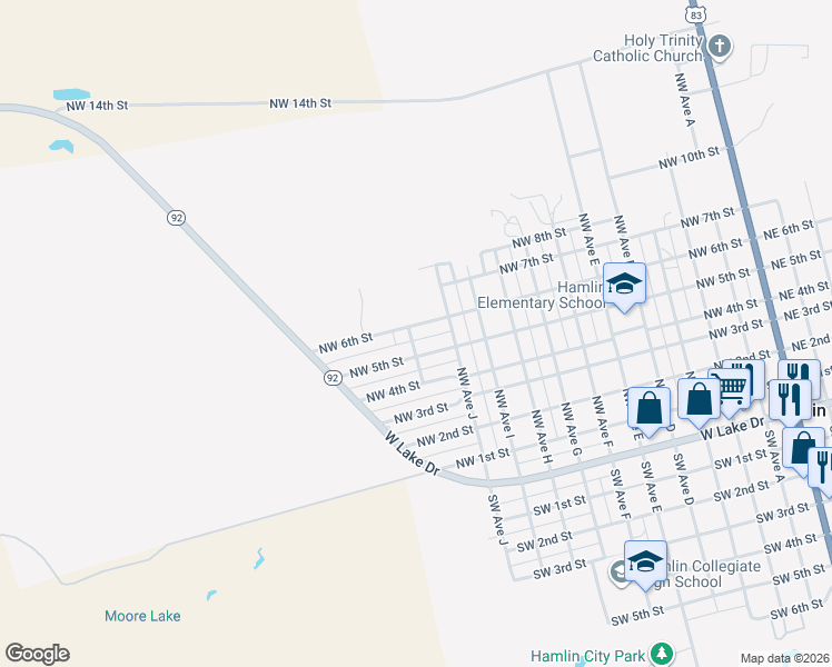 map of restaurants, bars, coffee shops, grocery stores, and more near 503 Northwest Avenue K in Hamlin