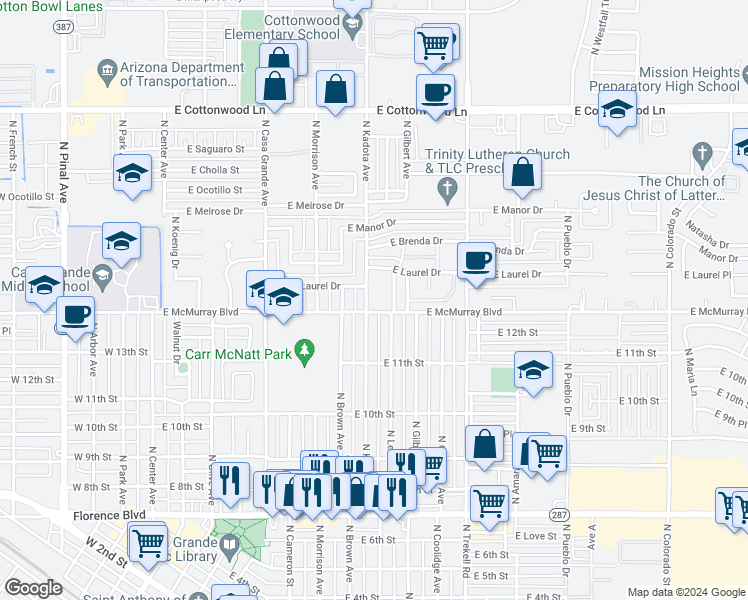 map of restaurants, bars, coffee shops, grocery stores, and more near 704 East McMurray Boulevard in Casa Grande