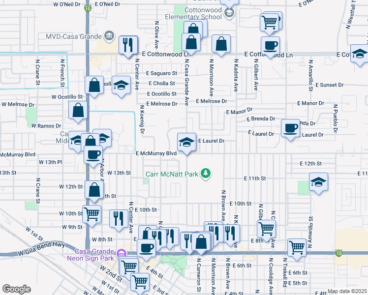 map of restaurants, bars, coffee shops, grocery stores, and more near 1410 North Casa Grande Avenue in Casa Grande