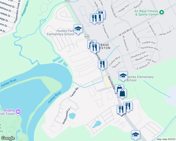 map of restaurants, bars, coffee shops, grocery stores, and more near 6957 Brossy Circle in North Charleston
