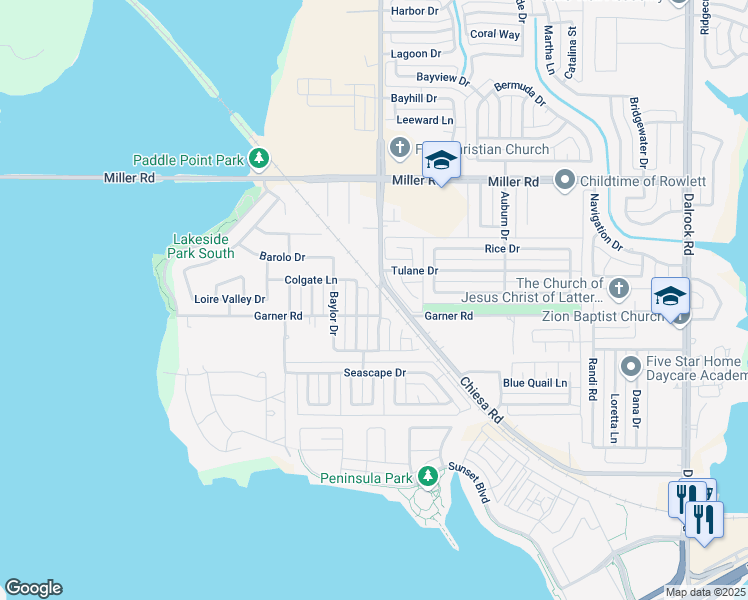 map of restaurants, bars, coffee shops, grocery stores, and more near 2717 Clemson Circle in Rowlett