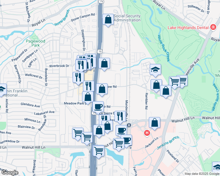 map of restaurants, bars, coffee shops, grocery stores, and more near 8037 Meadow Road in Dallas