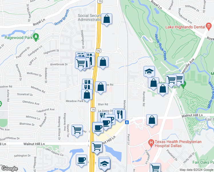 map of restaurants, bars, coffee shops, grocery stores, and more near 8037 Meadow Road in Dallas