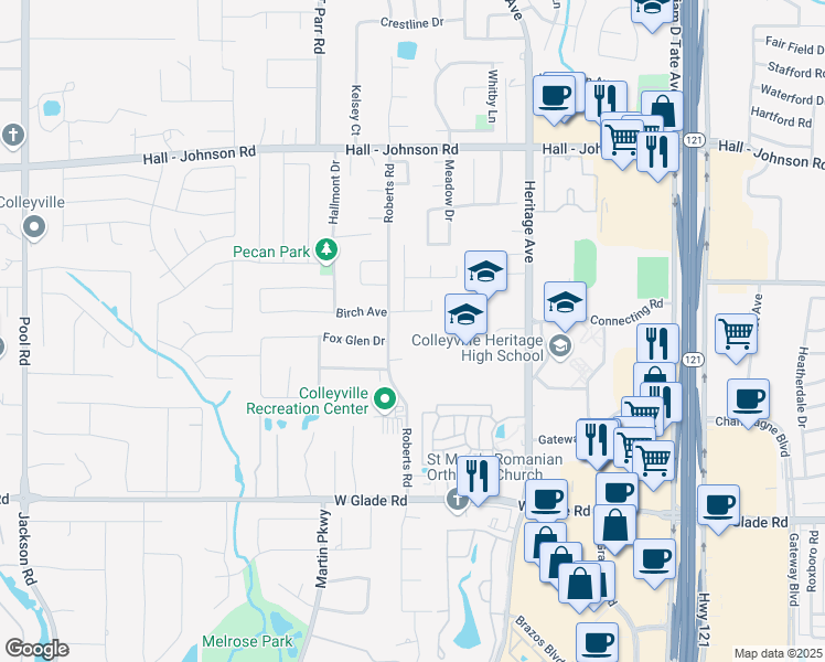 map of restaurants, bars, coffee shops, grocery stores, and more near 3113 Birch Avenue in Grapevine