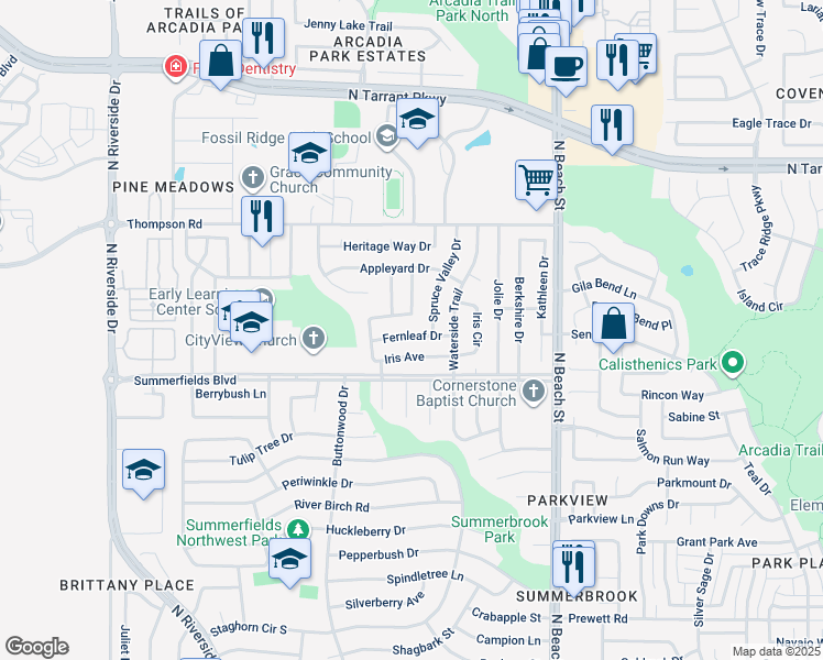 map of restaurants, bars, coffee shops, grocery stores, and more near 4228 Broken Arrow Road in Fort Worth