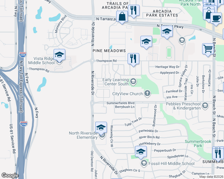 map of restaurants, bars, coffee shops, grocery stores, and more near 8044 Cannonwood Drive in Fort Worth