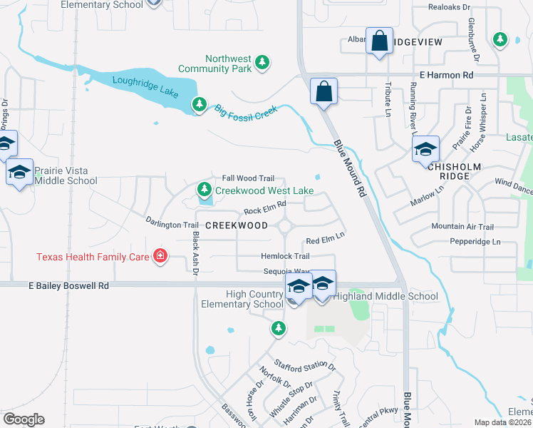 map of restaurants, bars, coffee shops, grocery stores, and more near 8137 Rock Elm Road in Fort Worth