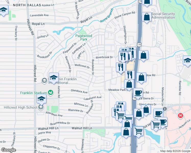 map of restaurants, bars, coffee shops, grocery stores, and more near 10404 Boedeker Street in Dallas