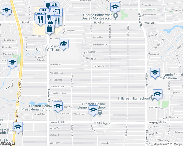 map of restaurants, bars, coffee shops, grocery stores, and more near 6401 Waggoner Drive in Dallas