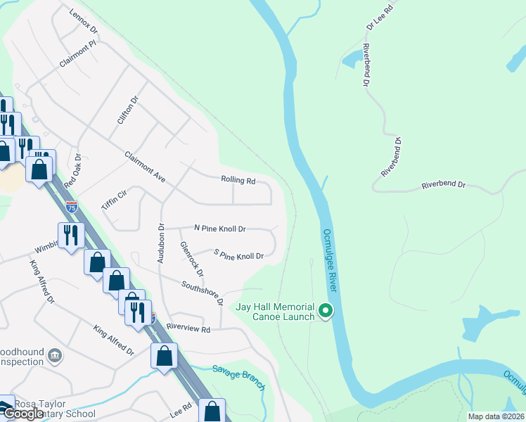 map of restaurants, bars, coffee shops, grocery stores, and more near 2912 Clairmont Avenue in Macon