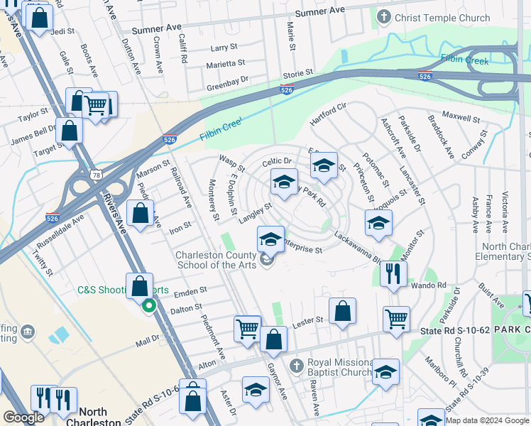 map of restaurants, bars, coffee shops, grocery stores, and more near 4971 West Liberty Park Circle in North Charleston