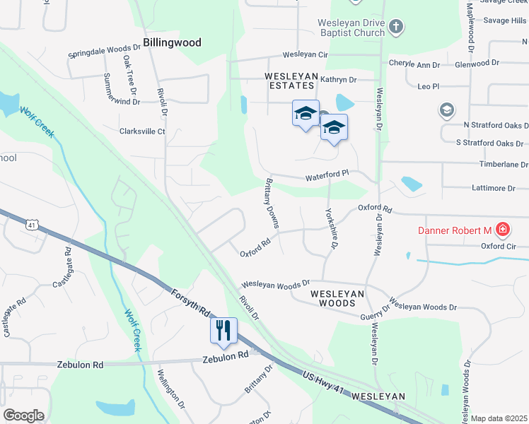 map of restaurants, bars, coffee shops, grocery stores, and more near 428 Brittany Downs in Macon