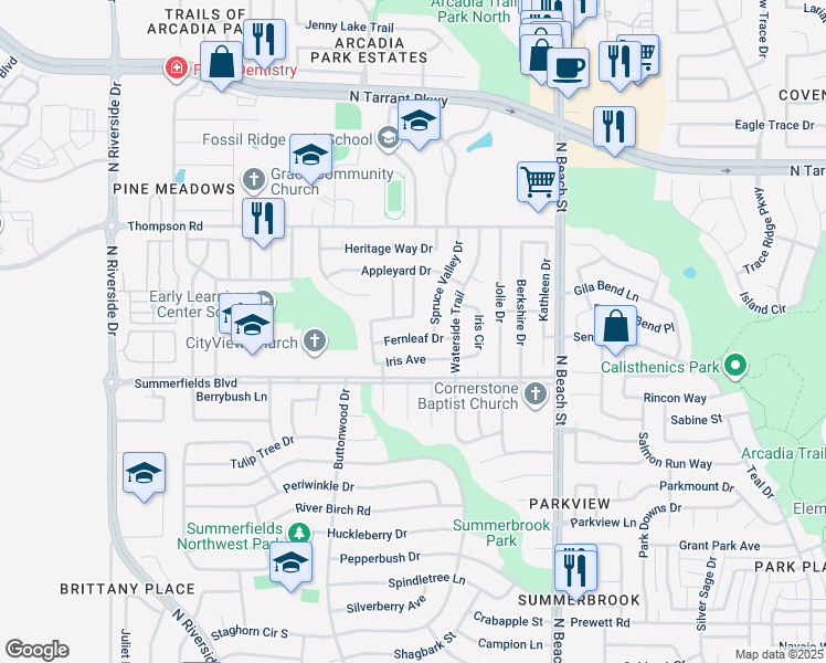 map of restaurants, bars, coffee shops, grocery stores, and more near 4228 Broken Arrow Road in Fort Worth