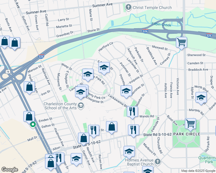map of restaurants, bars, coffee shops, grocery stores, and more near 5170 East Liberty Park Circle in North Charleston