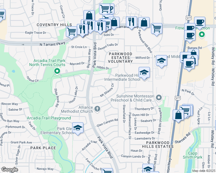 map of restaurants, bars, coffee shops, grocery stores, and more near 5437 Yellowstone Trail in Fort Worth